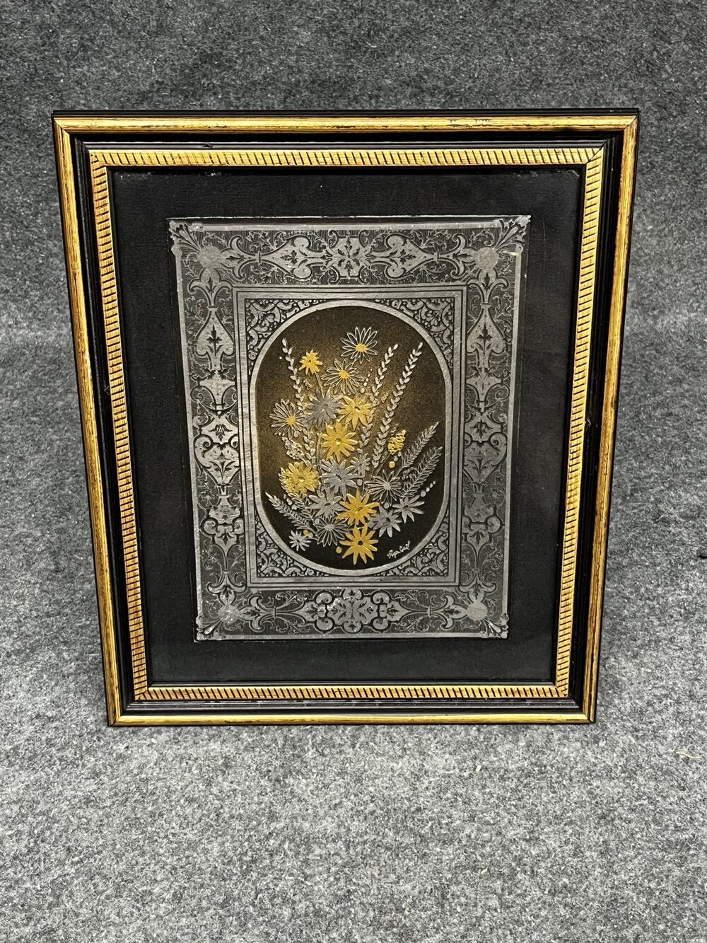 Vintage Roger Coast Etched Zinc Gold Foil Art Framed Floral Bouquet Plaque Bio